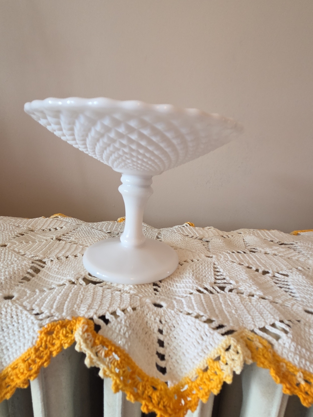Westmoreland Diamond Point HobnailVintage White Milk Glass Compote Pedestal Dish